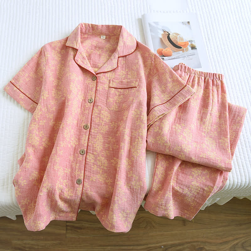 Floral Cotton Yarn-dyed Jacquard Lapel Pajama - XXL - image 0