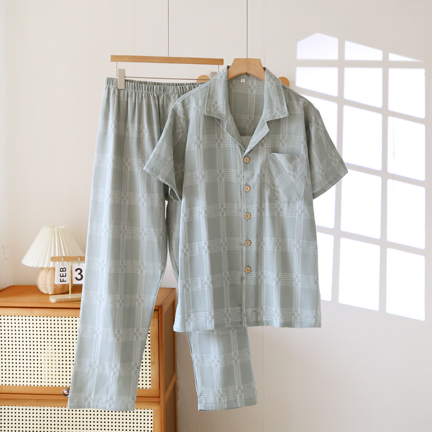 Unisex Plaid Cotton Yarn-Dyed Loungewear Set - Light Gray - XXL - image 14