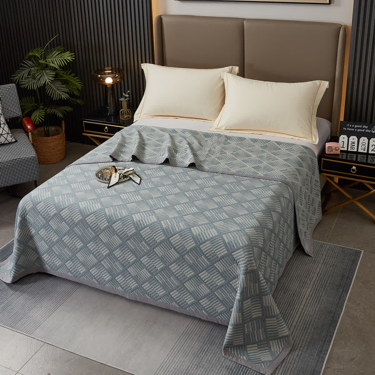 Geometric Diamond Grid Cotton Yarn-dyed Quilt - Grey - Quilt - King - image 4