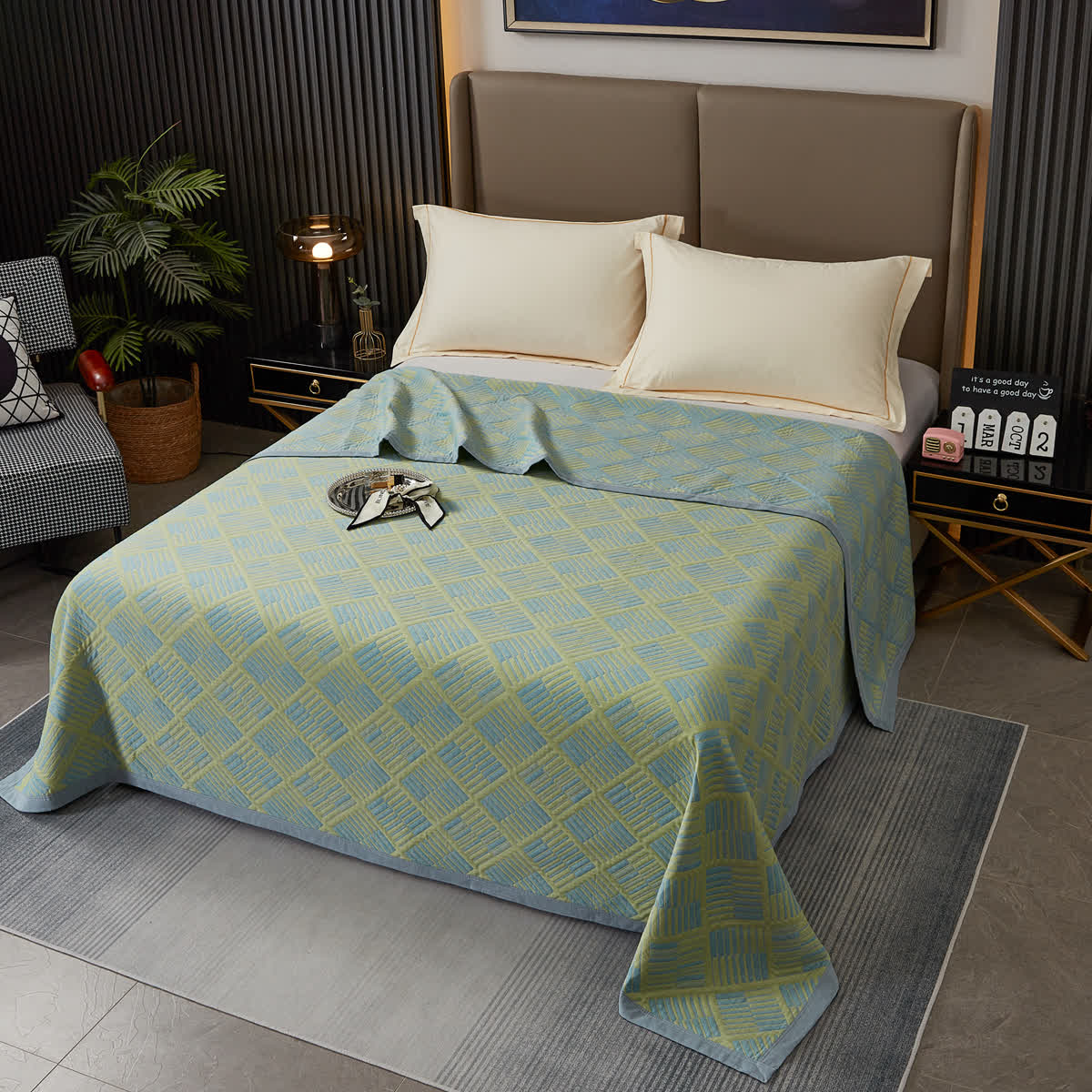 Geometric Diamond Grid Cotton Yarn-dyed Quilt - Green - Quilt - King - image 1