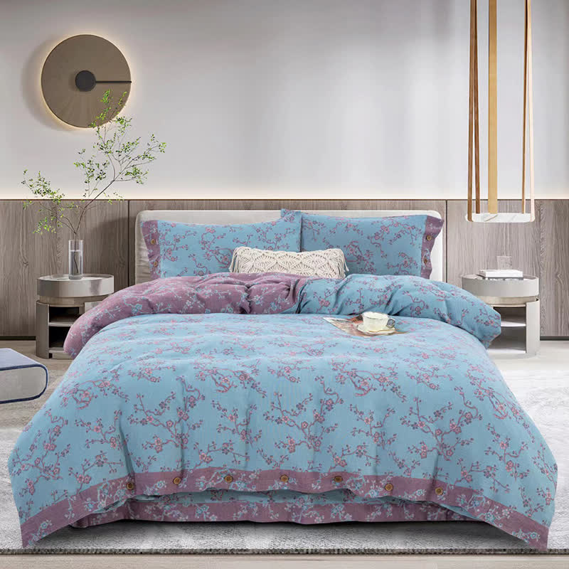 Wintersweet Cotton Gauze Jacquard Bedding Set(4pcs) - Blue - Queen - image 1