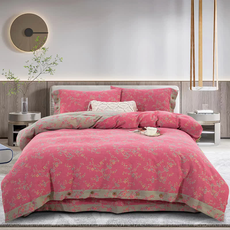 Wintersweet Cotton Gauze Jacquard Bedding Set(4pcs) - Pink - Queen - image 16
