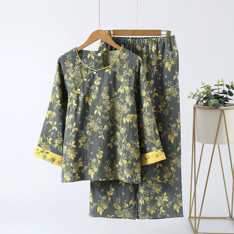 Jacquard Vintage Pure Cotton Loungewear Set - Gray Green - XL - image 2