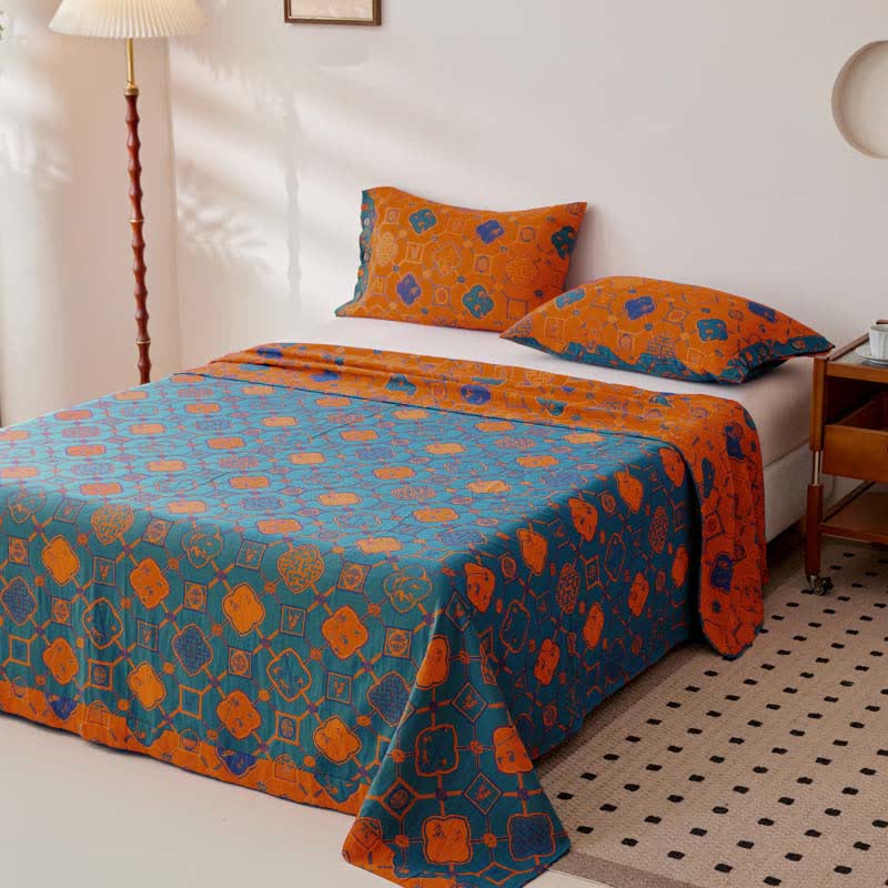 Retro Cotton Gauze Yarn-dyed Jacquard Reversible Coverlet - Blue&Orange - Coverlet with 2PCS Pillowcases - King - image 2