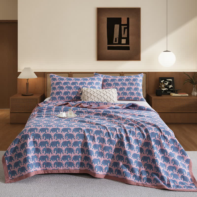 Thai Elephant Print Cotton Muslin Bedspread - Blue - 2PCS Pillowcases - 19" x 29" - image 0