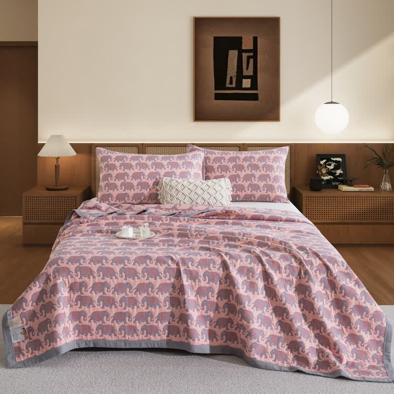 Thai Elephant Print Cotton Muslin Bedspread - Pink - 2PCS Pillowcases - 19" x 29" - image 6
