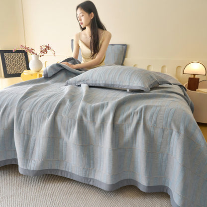 Blue Stripe Plaid Cotton Muslin Bedspread - 2PCS Pillow Towels - 21" x 31" - image 0