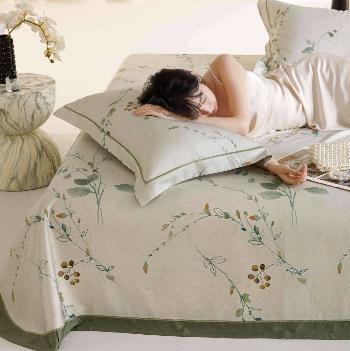 Branch Print Cool Natural Fiber Bedspread - Green - 2PCS Pillowcases - 19" x 29" - image 0