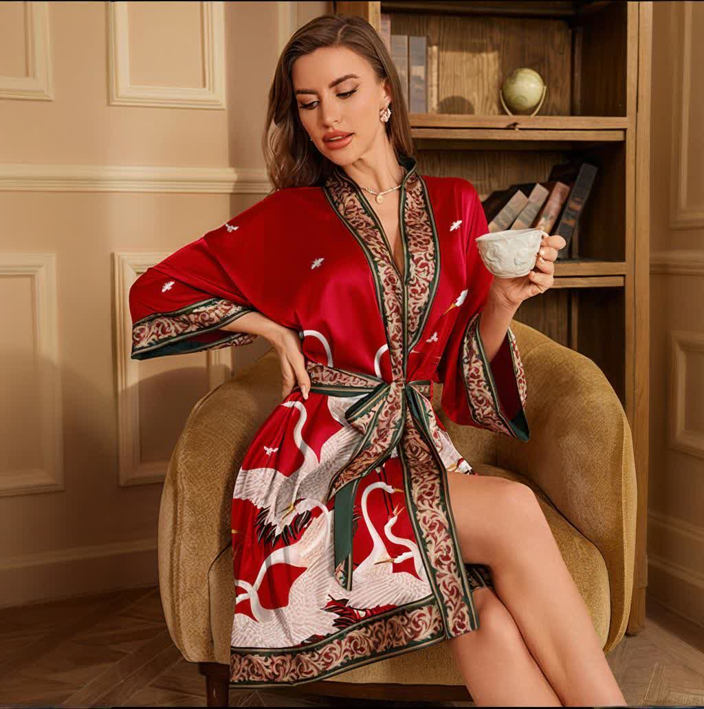 Crane Print Short Kimono Bathrobe - image 4