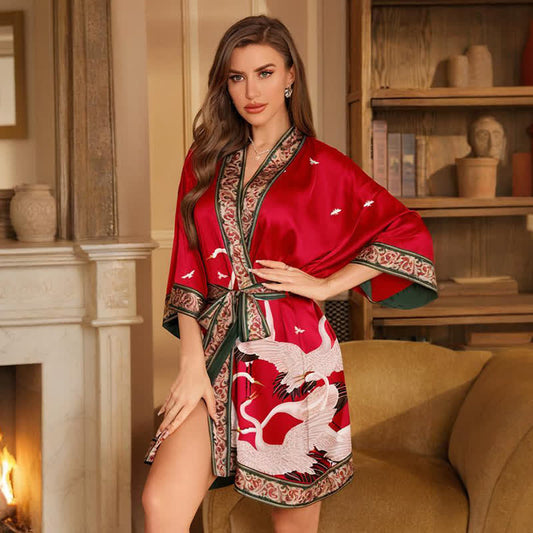 Crane Print Short Kimono Bathrobe - Wine - One Size - image 0