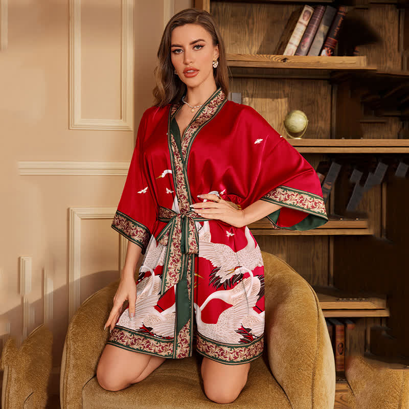 Crane Print Short Kimono Bathrobe - image 2