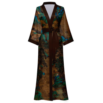 Oriental Landscape Print Kimono Bathrobe - image 5