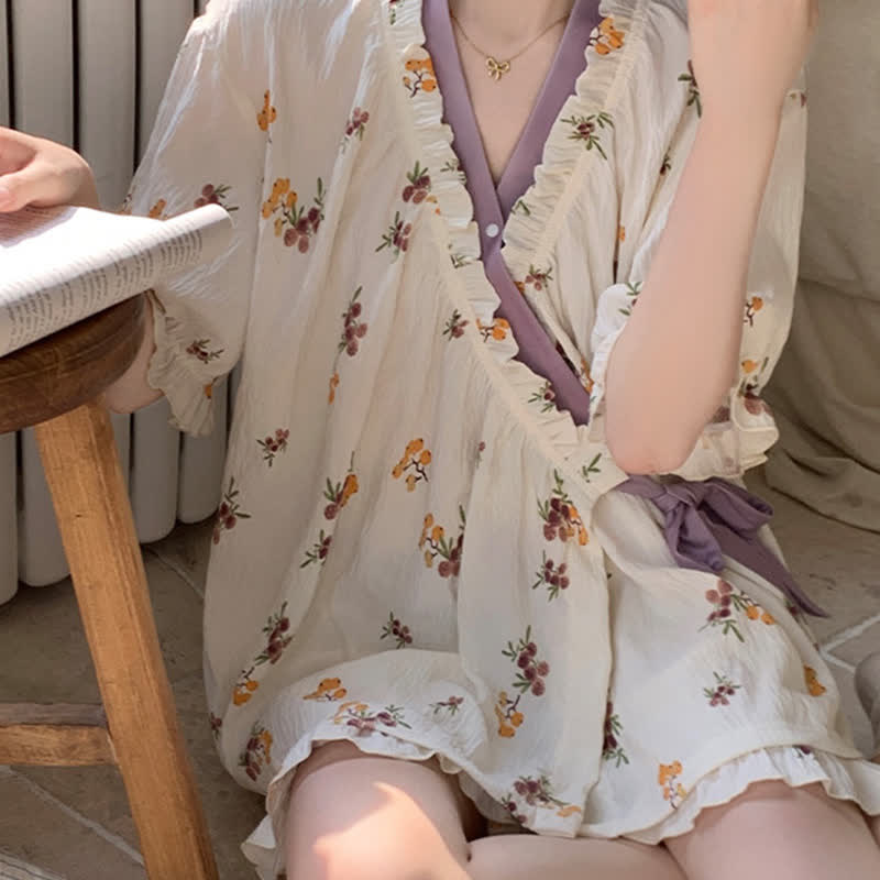 Floral Ruffle Sleeve Pajama Set - image 5