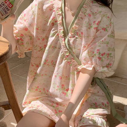 Pink Floral Ruffle Sleeve Pajama Set - image 7