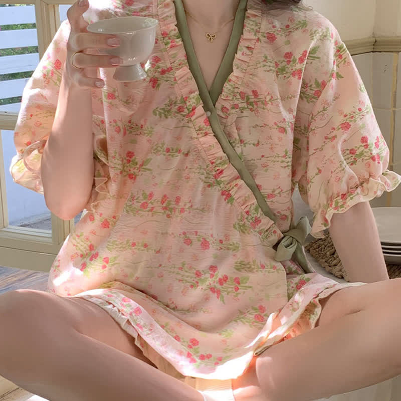 Pink Floral Ruffle Sleeve Pajama Set - image 6