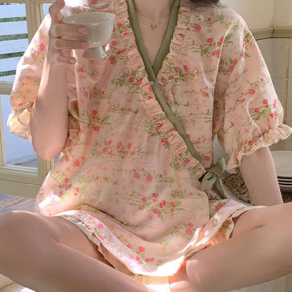 Pink Floral Ruffle Sleeve Pajama Set - image 6