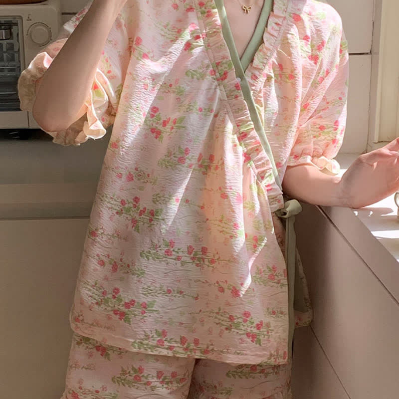Pink Floral Ruffle Sleeve Pajama Set - image 3
