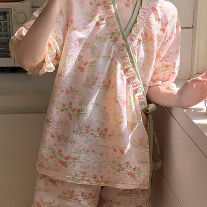 Pink Floral Ruffle Sleeve Pajama Set - image 3