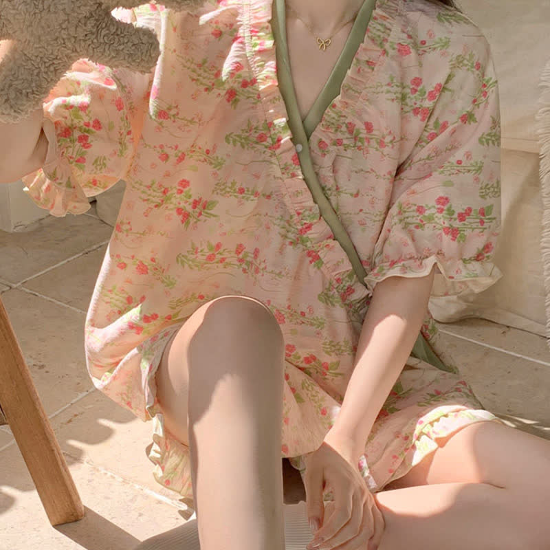 Pink Floral Ruffle Sleeve Pajama Set - image 4