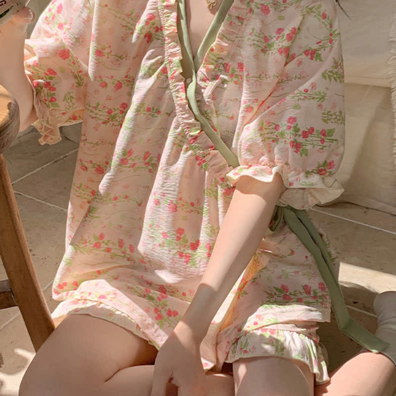 Pink Floral Ruffle Sleeve Pajama Set - image 5