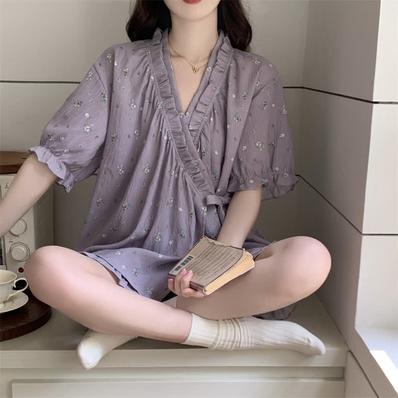 Purple Floral Ruffle Sleeve Pajama Set - image 1