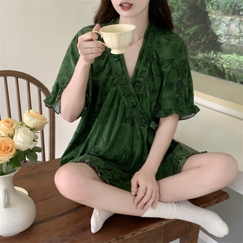 Stylish Botanical Ruffle Sleeve Pajama Set - image 1
