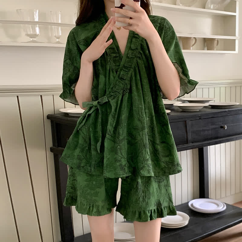 Stylish Botanical Ruffle Sleeve Pajama Set - 3XL - image 0