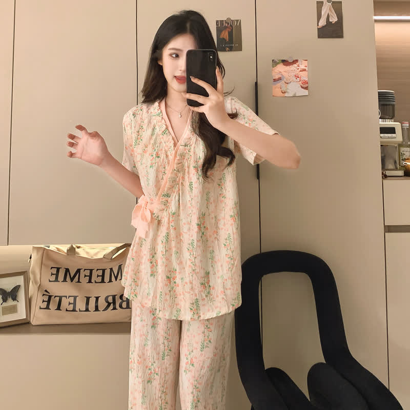 Floral Leaf Ruffle Kimono Sleepwear Set - image 1