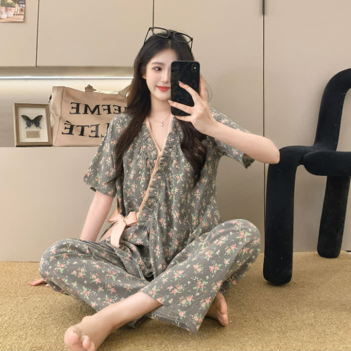 Rose Print Ruffle Kimono Sleepwear Set - XXL - image 0