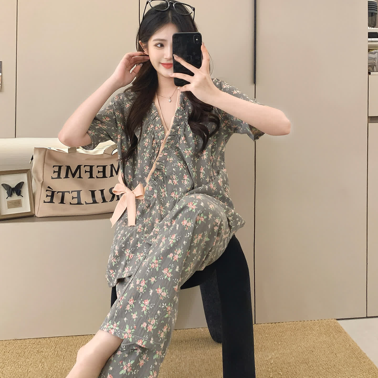 Rose Print Ruffle Kimono Sleepwear Set - image 1