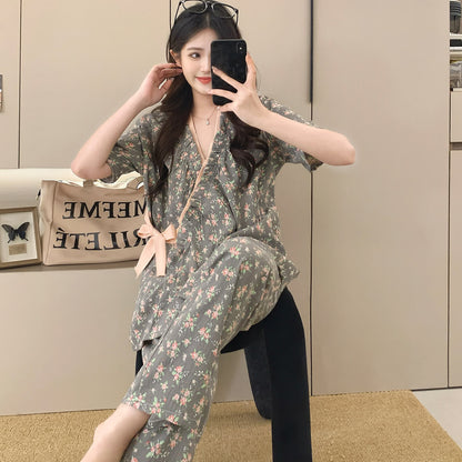 Rose Print Ruffle Kimono Sleepwear Set - image 1