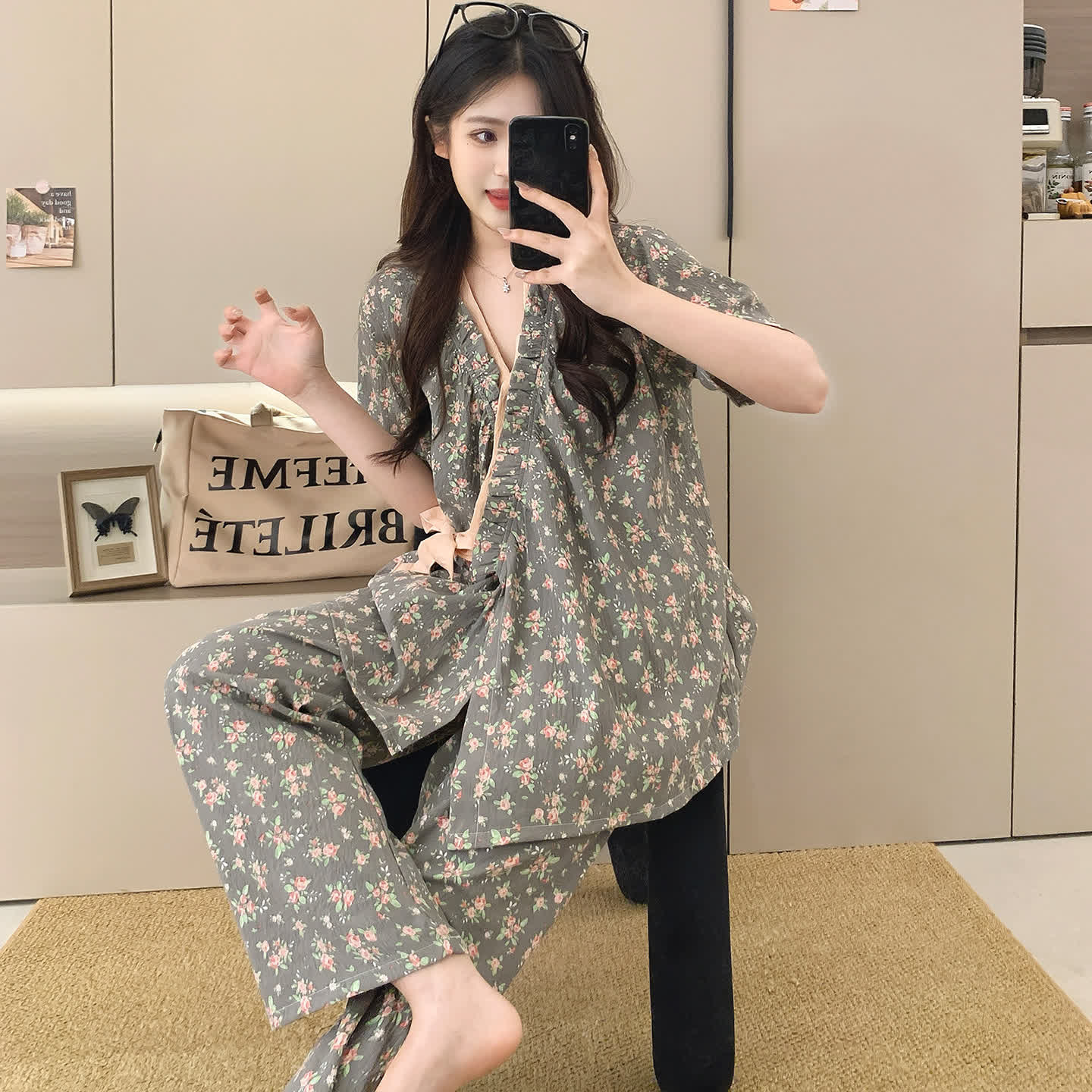 Rose Print Ruffle Kimono Sleepwear Set - image 2