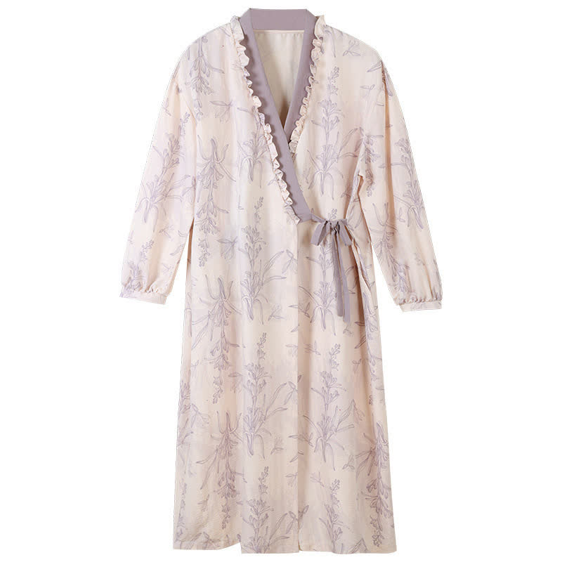 Purple Floral Ruffle Trim Kimono Robe - image 8