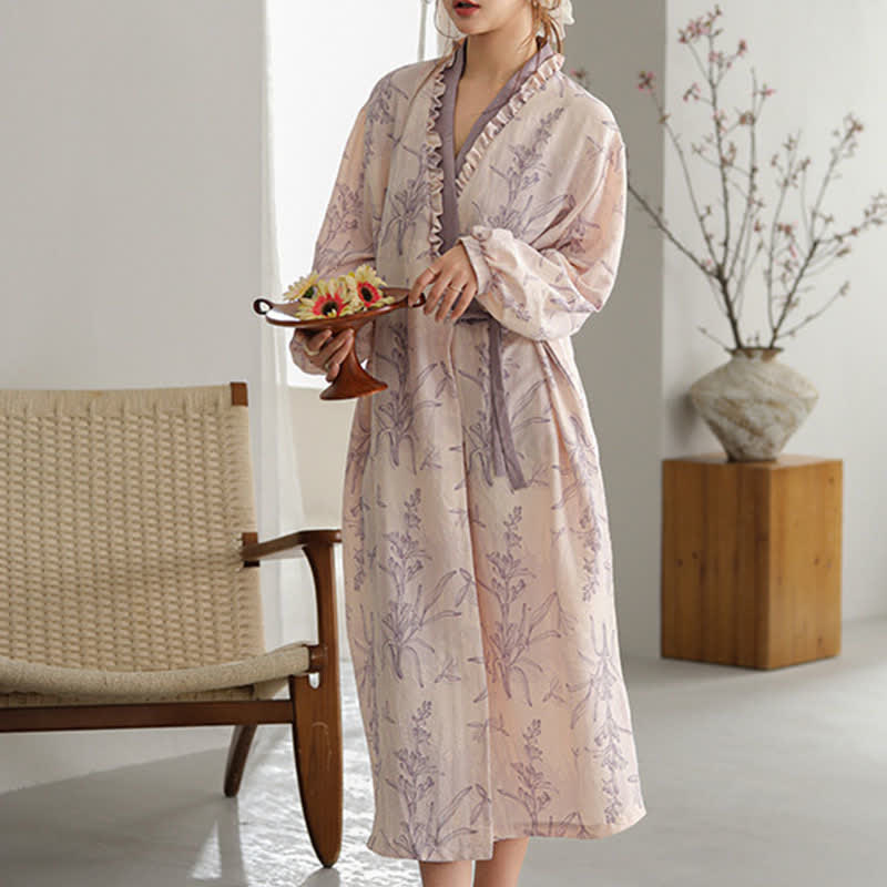Purple Floral Ruffle Trim Kimono Robe - image 1