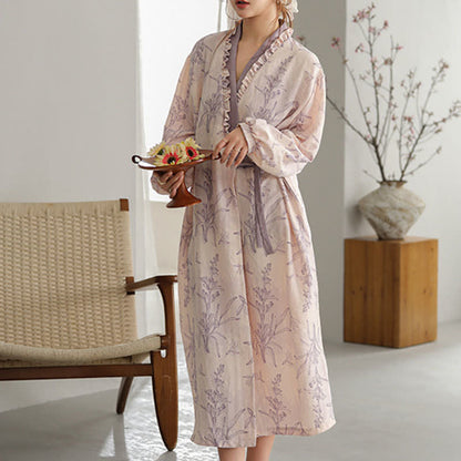 Purple Floral Ruffle Trim Kimono Robe - image 1