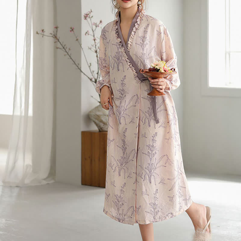 Purple Floral Ruffle Trim Kimono Robe - image 2