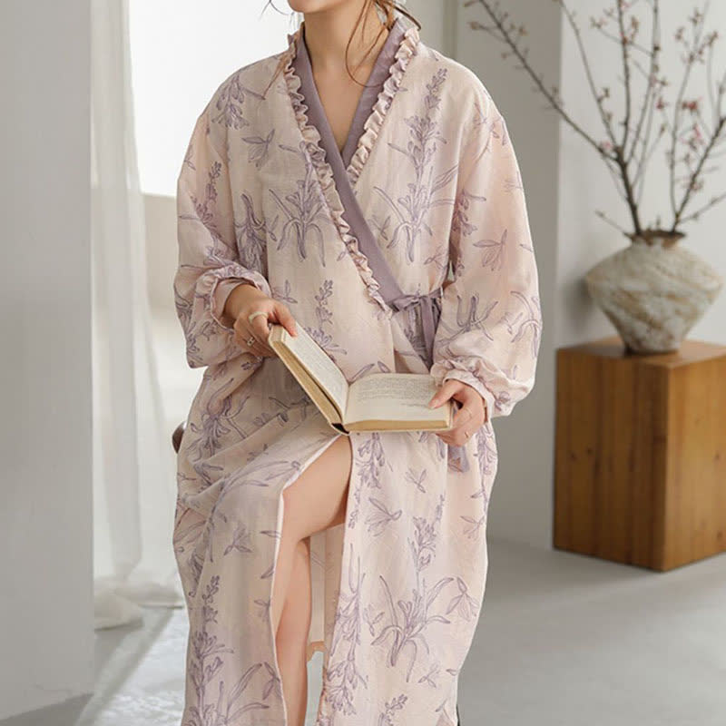 Purple Floral Ruffle Trim Kimono Robe - image 4