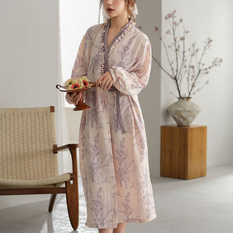Purple Floral Ruffle Trim Kimono Robe - image 3