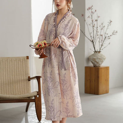 Purple Floral Ruffle Trim Kimono Robe - image 3