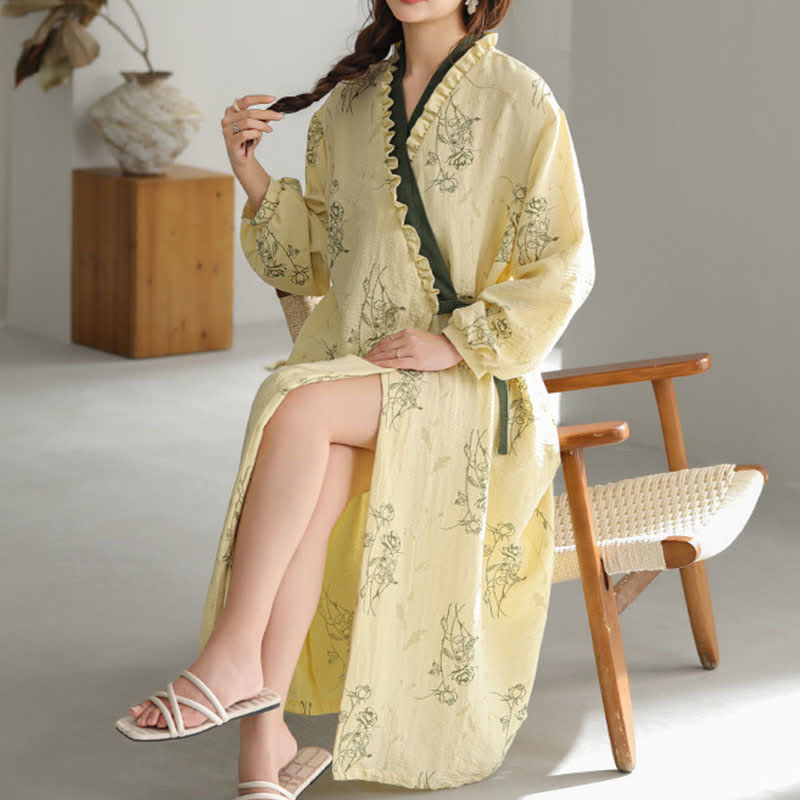 Rose Print Ruffle Trim Kimono Robe - XXL - image 0