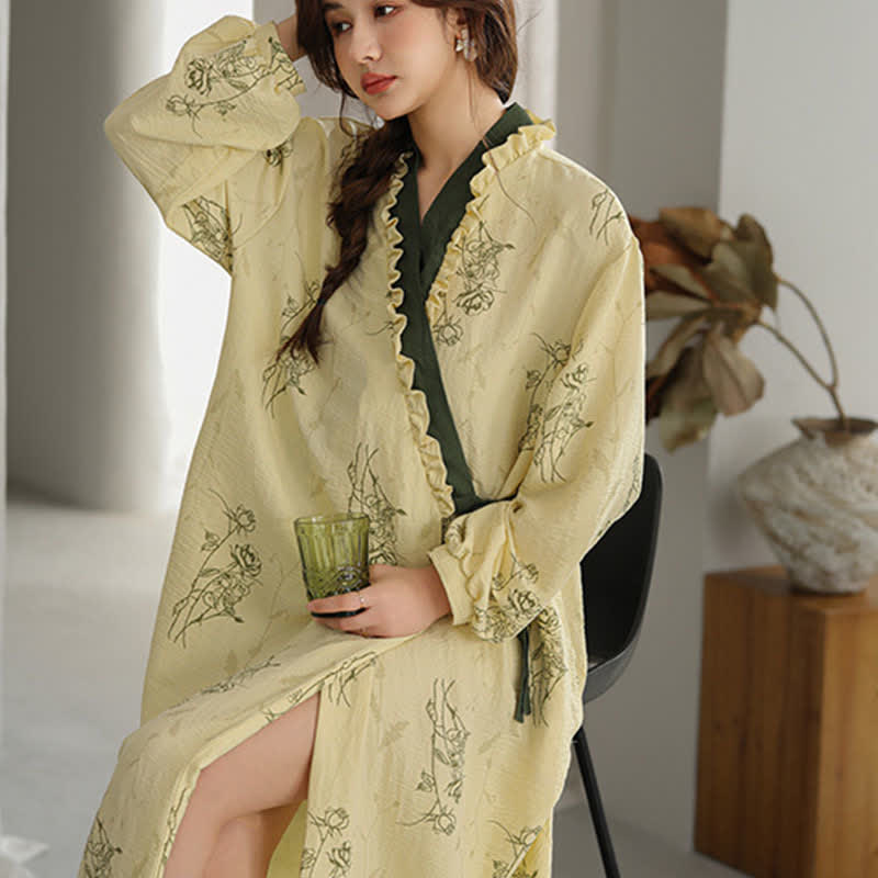Rose Print Ruffle Trim Kimono Robe - image 5