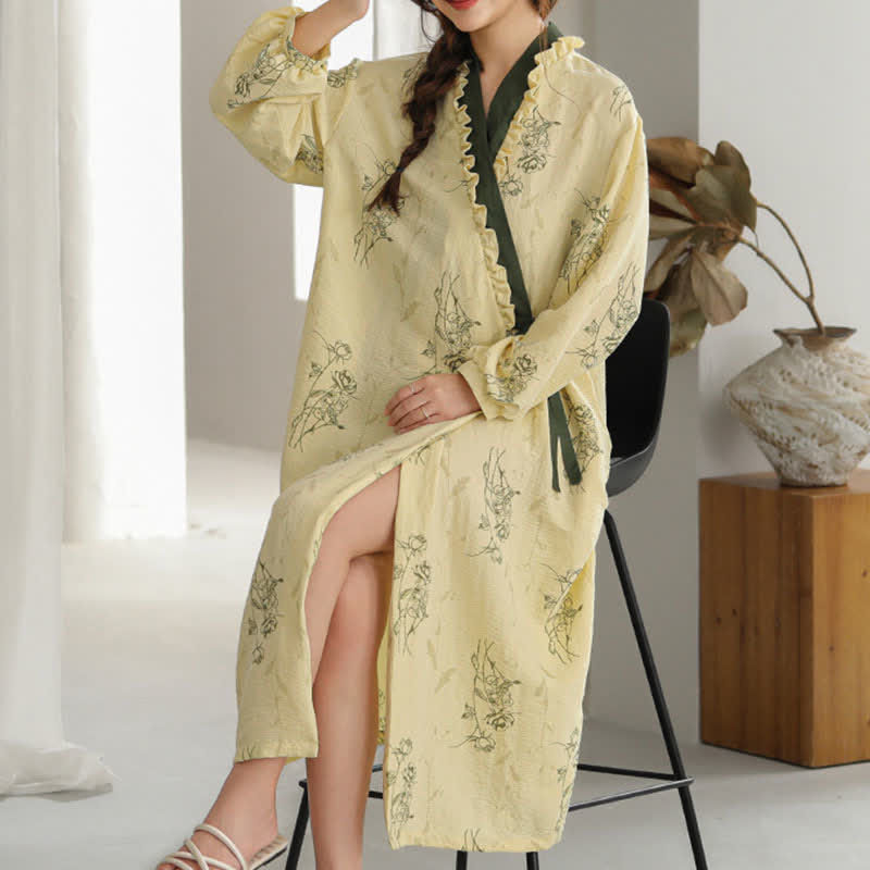 Rose Print Ruffle Trim Kimono Robe - image 4