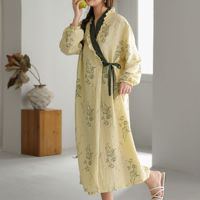 Rose Print Ruffle Trim Kimono Robe - image 1