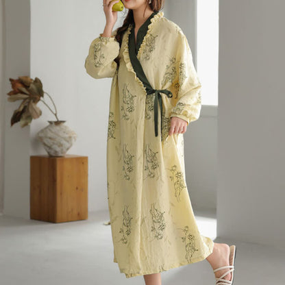 Rose Print Ruffle Trim Kimono Robe - image 1