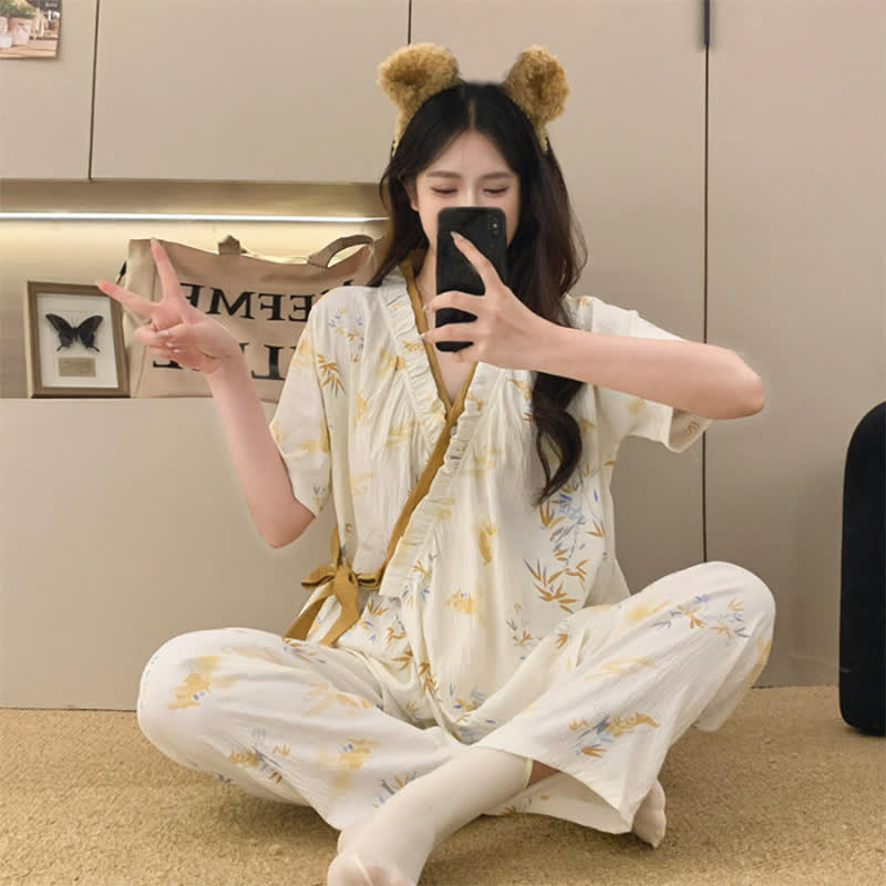 Bamboo Leaf Ruffle Kimono Sleepwear Set - XXL - image 0