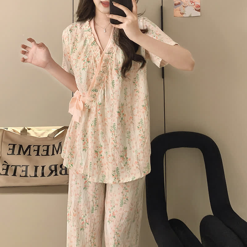 Floral Leaf Ruffle Kimono Sleepwear Set - image 3