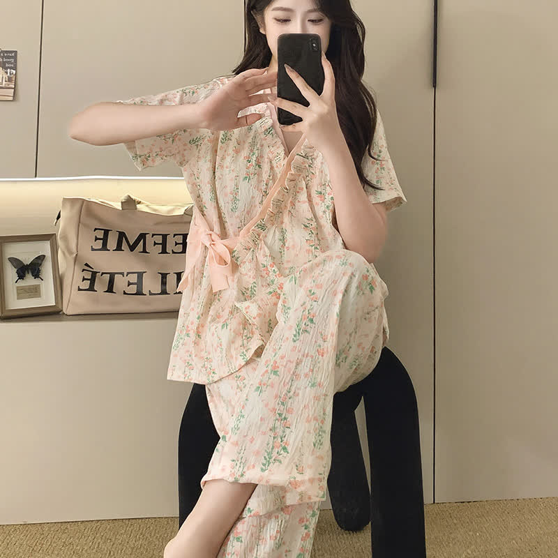 Floral Leaf Ruffle Kimono Sleepwear Set - image 2