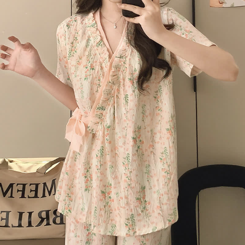 Floral Leaf Ruffle Kimono Sleepwear Set - image 5