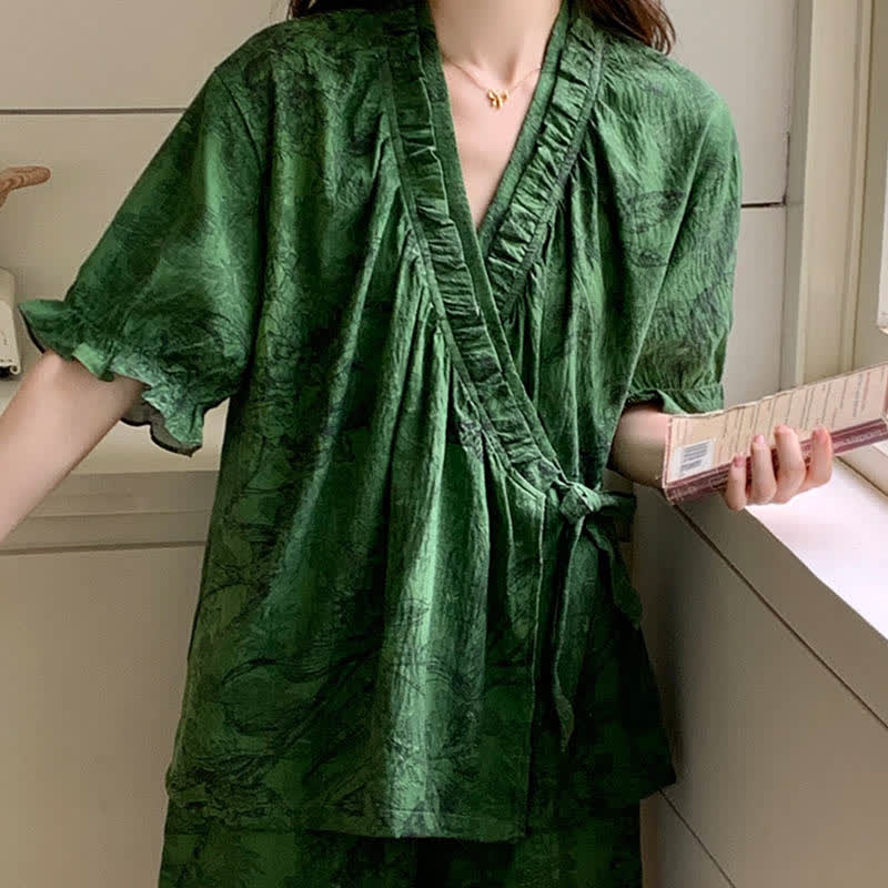 Stylish Botanical Ruffle Sleeve Pajama Set - image 4