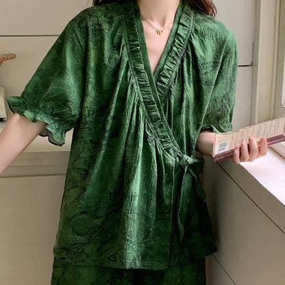 Stylish Botanical Ruffle Sleeve Pajama Set - image 4
